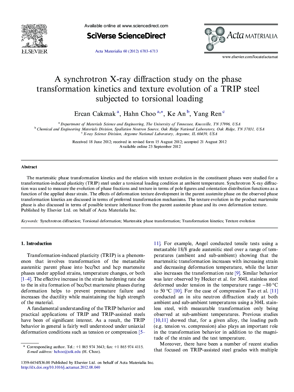 A synchrotron X-ray diffraction study on the phase transformation kinetics and texture evolution of a TRIP steel subjected to torsional loading