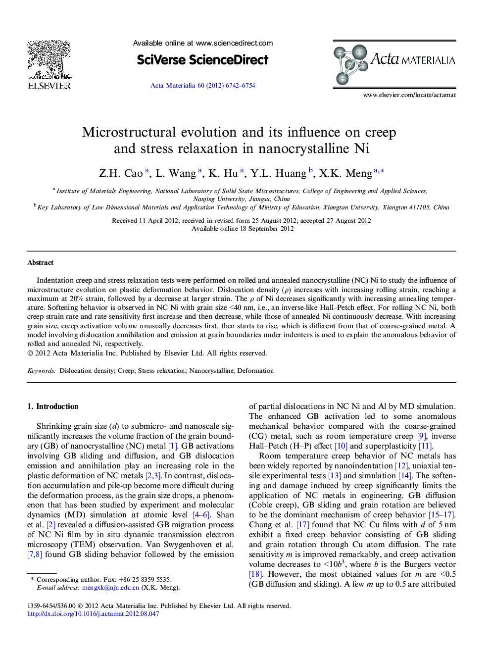 Microstructural evolution and its influence on creep and stress relaxation in nanocrystalline Ni