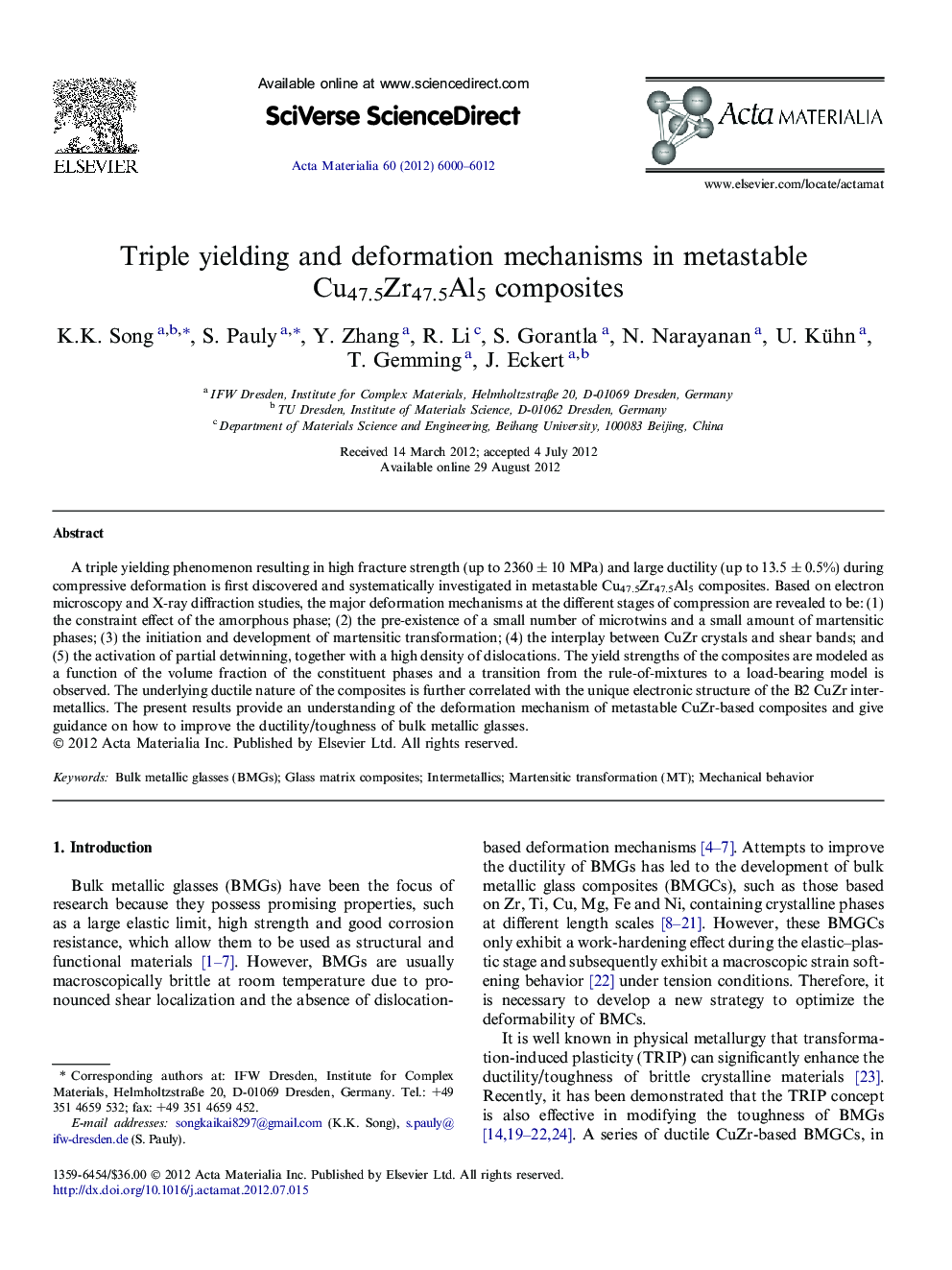 Triple yielding and deformation mechanisms in metastable Cu47.5Zr47.5Al5 composites