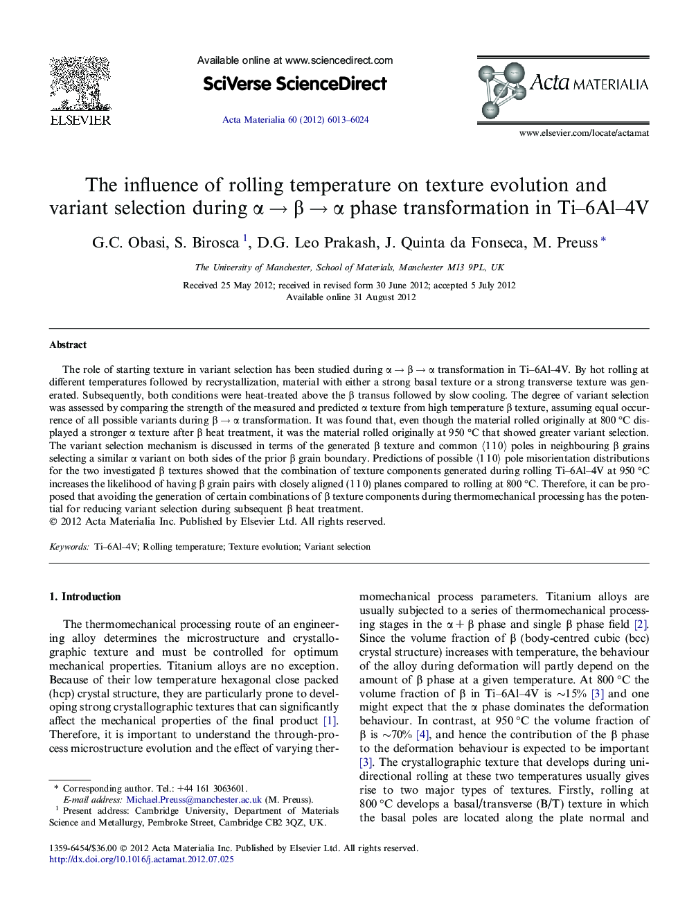 عکس صفحه اول مقاله: The influence of rolling temperature on texture evolution and variant selection during α → β → α phase transformation in Ti–6Al–4V The influence of rolling temperature on texture evolution and variant selection during α → β → α phase transformation in Ti–6Al–4V