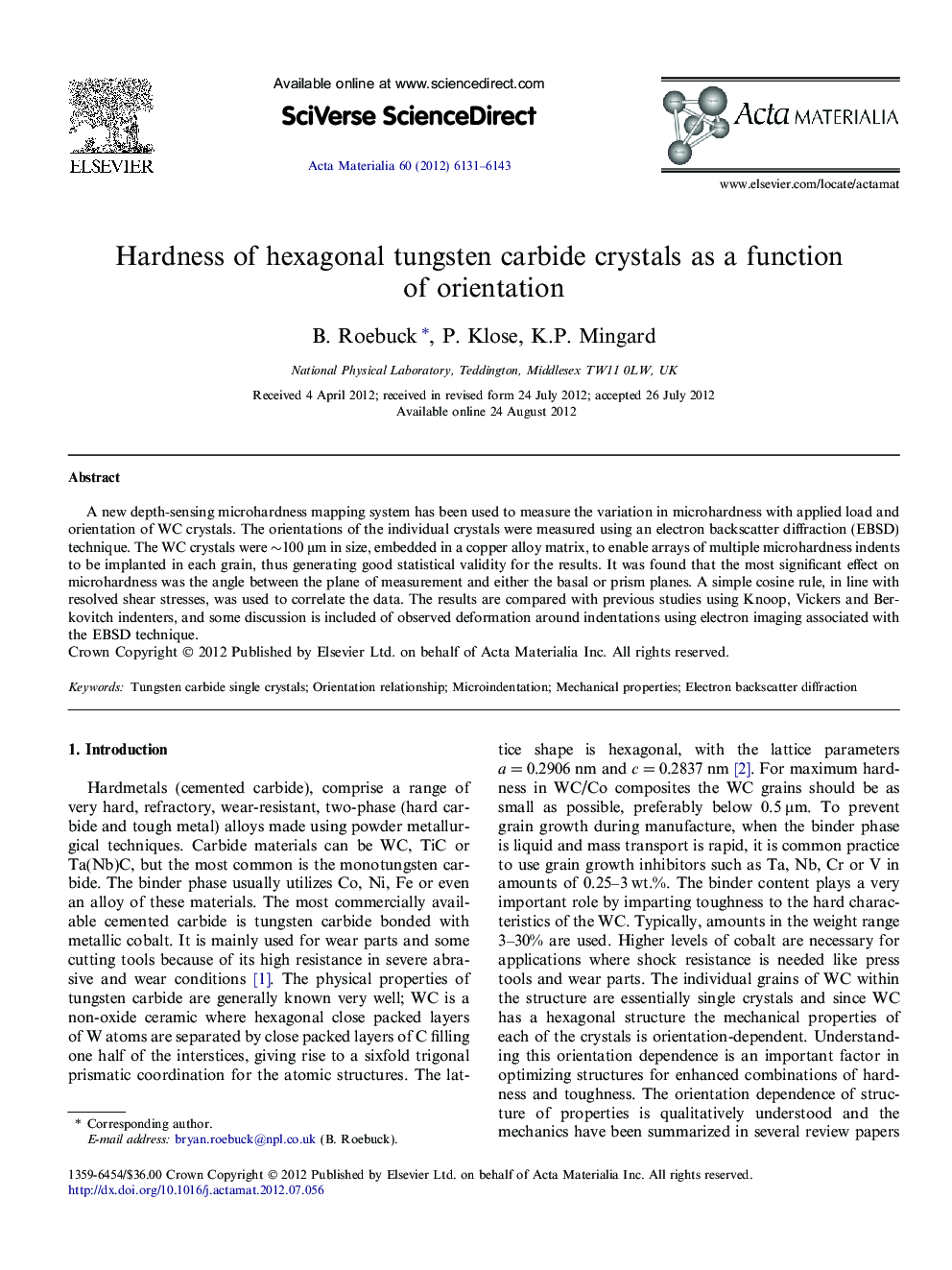 عکس صفحه اول مقاله: Hardness of hexagonal tungsten carbide crystals as a function of orientation Hardness of hexagonal tungsten carbide crystals as a function of orientation