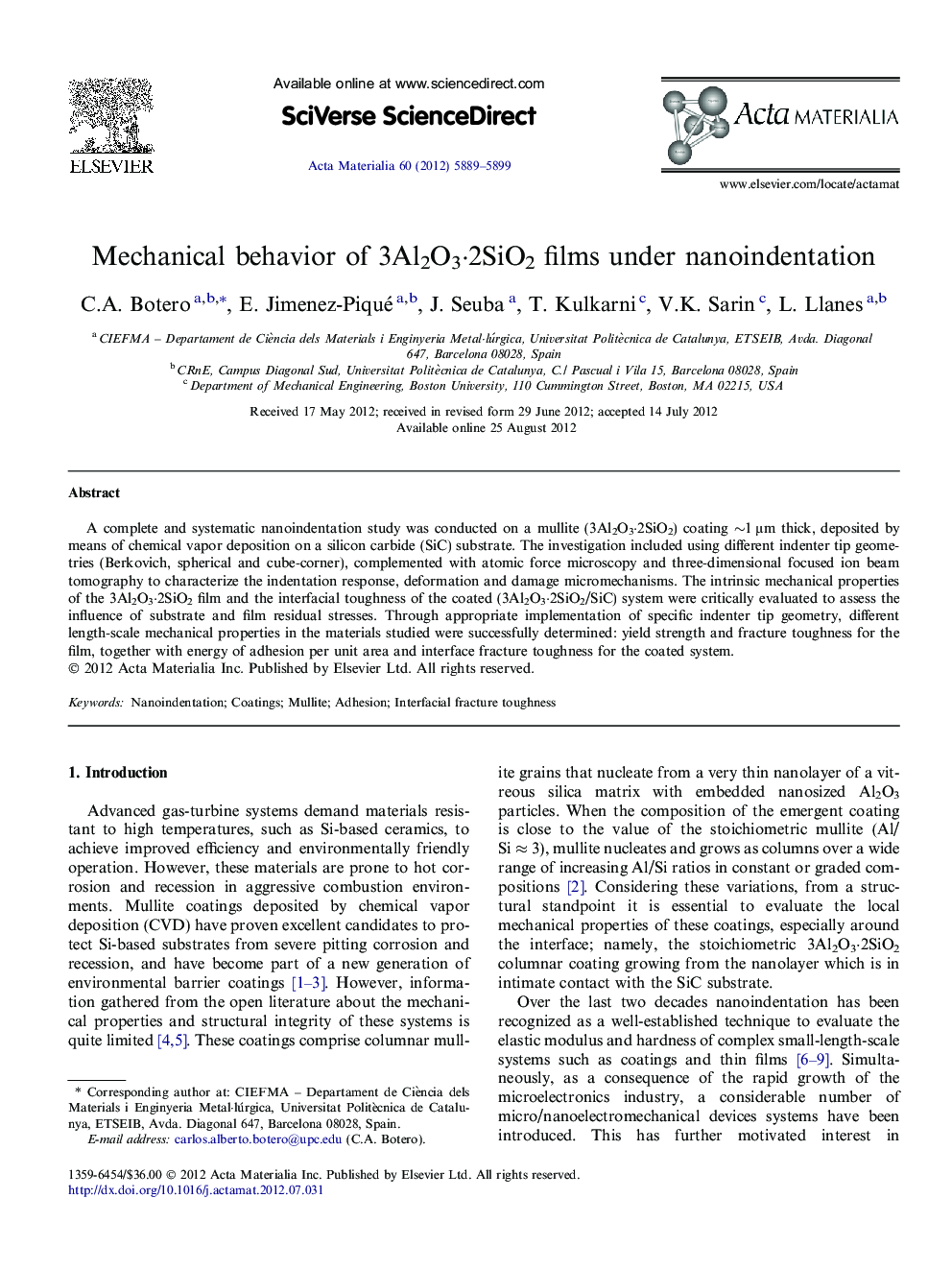 Mechanical behavior of 3Al2O3·2SiO2 films under nanoindentation