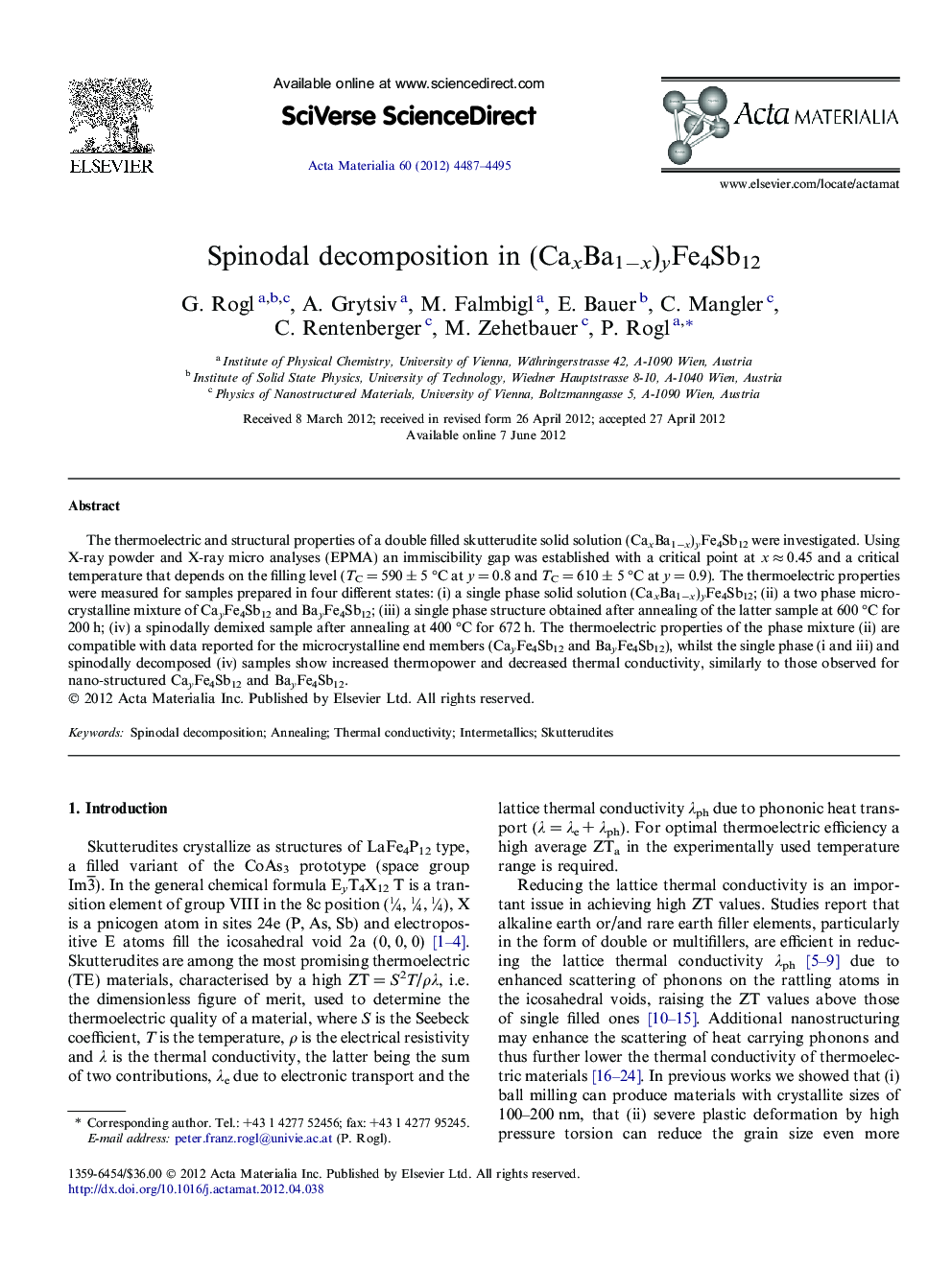 Spinodal decomposition in (CaxBa1−x)yFe4Sb12