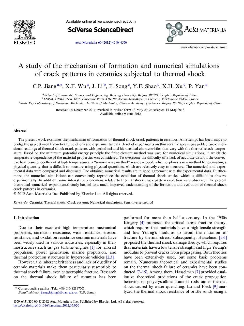A study of the mechanism of formation and numerical simulations of crack patterns in ceramics subjected to thermal shock
