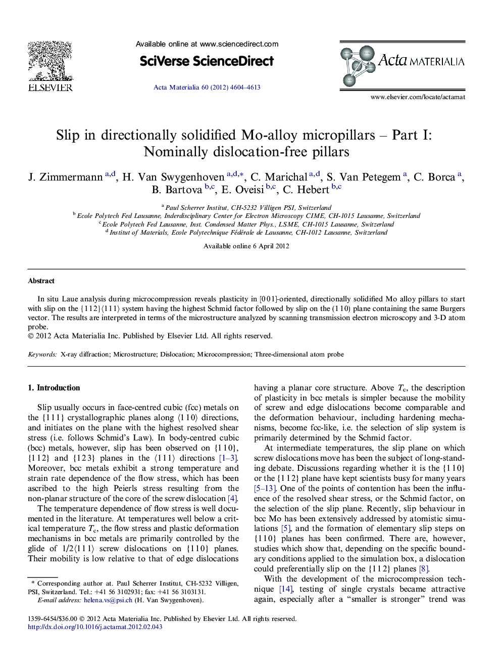 Slip in directionally solidified Mo-alloy micropillars – Part I: Nominally dislocation-free pillars