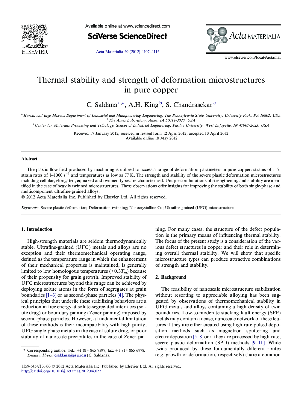 Thermal stability and strength of deformation microstructures in pure copper