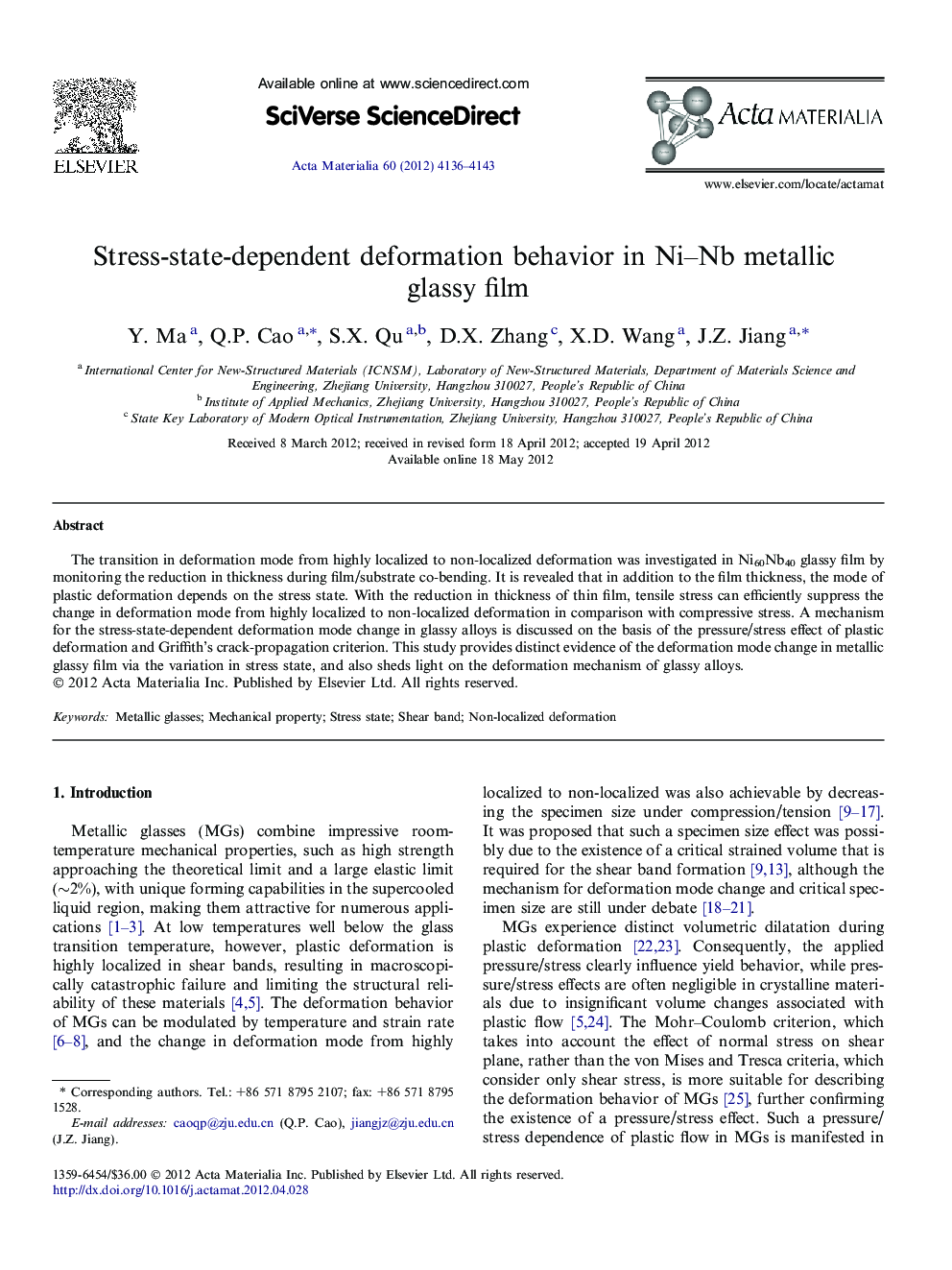 Stress-state-dependent deformation behavior in Ni-Nb metallic glassy film