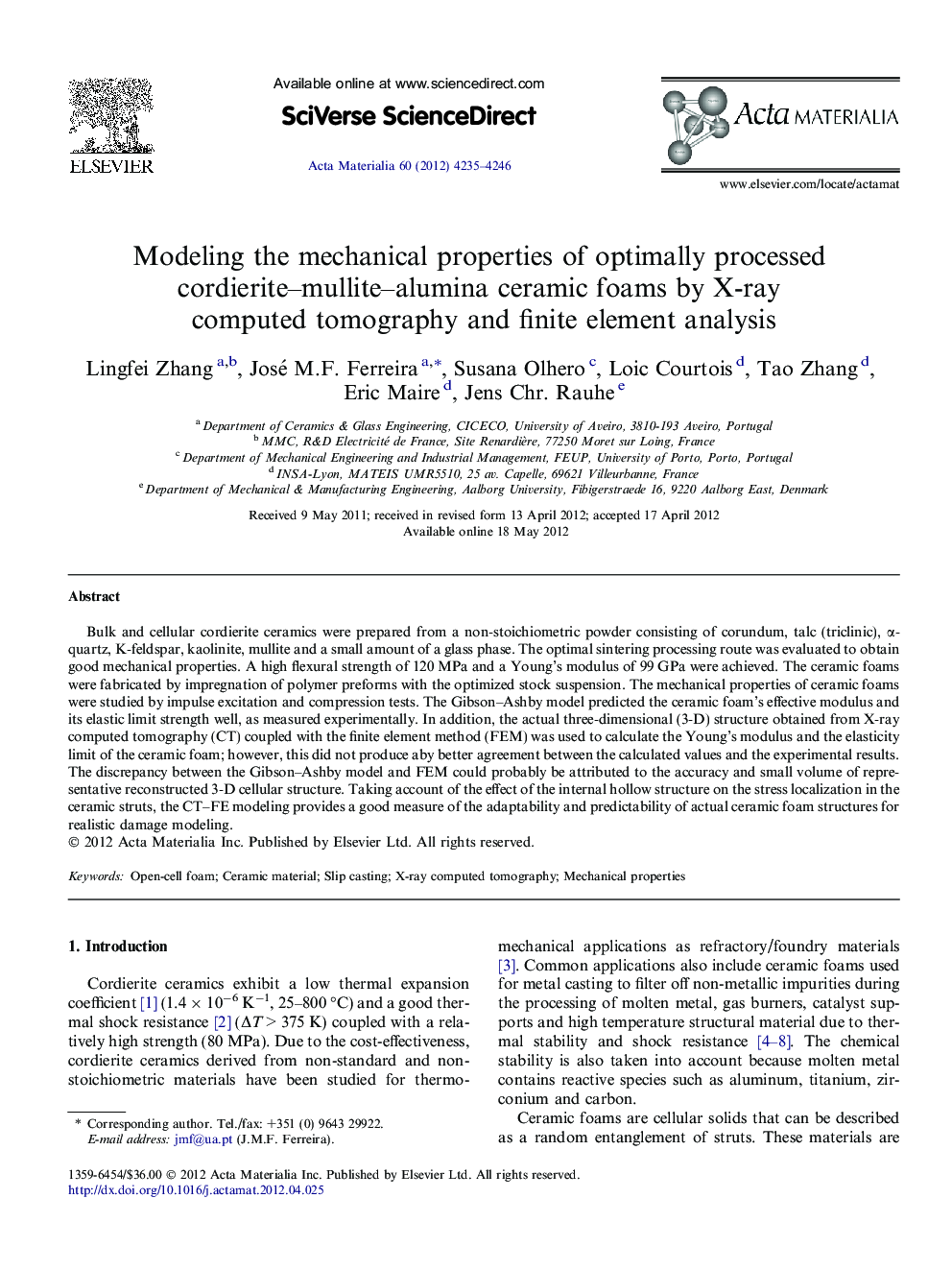 Modeling the mechanical properties of optimally processed cordierite–mullite–alumina ceramic foams by X-ray computed tomography and finite element analysis