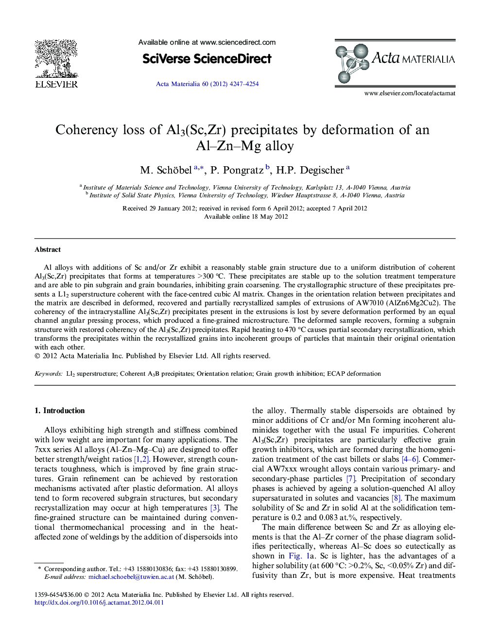 Coherency loss of Al3(Sc,Zr) precipitates by deformation of an Al–Zn–Mg alloy