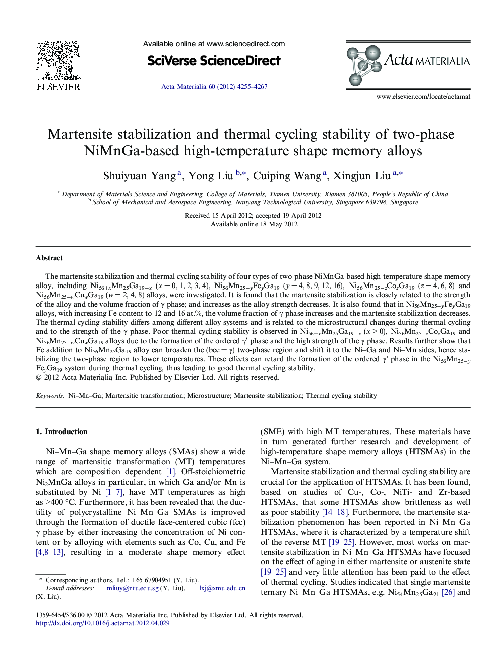 Martensite stabilization and thermal cycling stability of two-phase NiMnGa-based high-temperature shape memory alloys