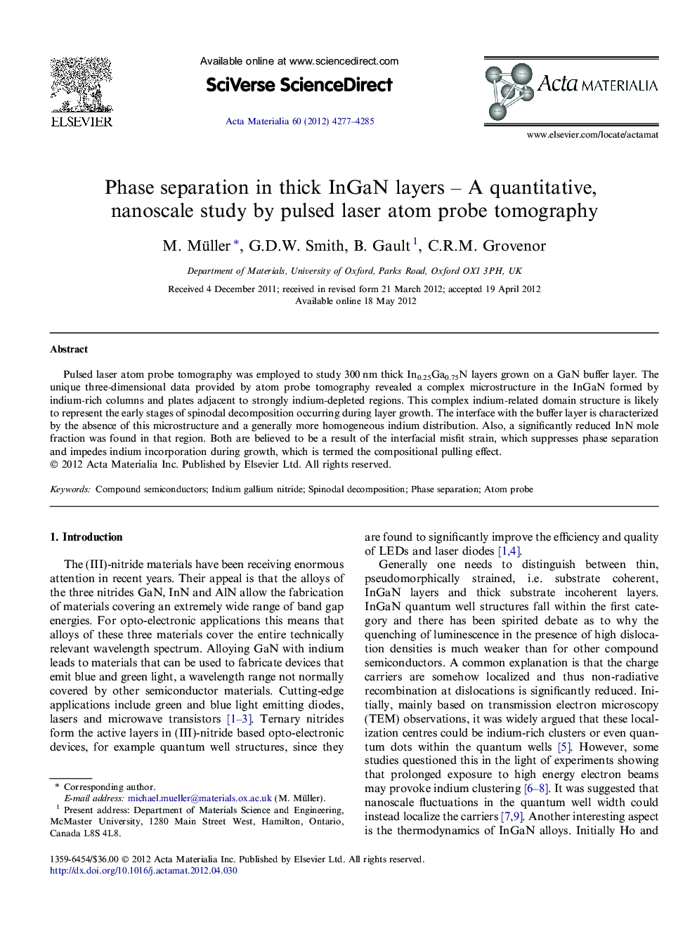 Phase separation in thick InGaN layers – A quantitative, nanoscale study by pulsed laser atom probe tomography