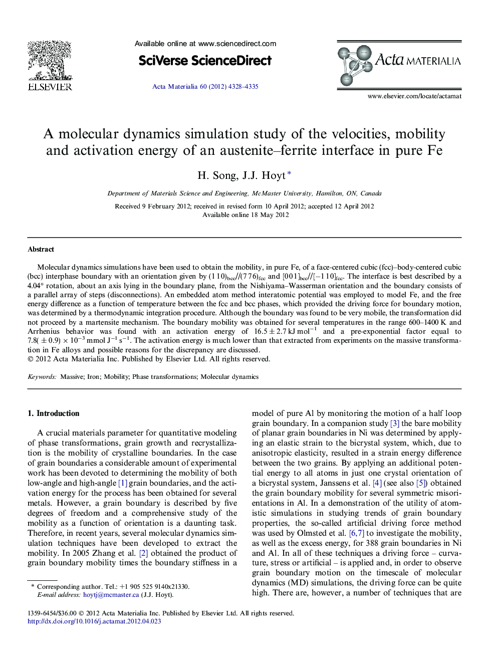 A molecular dynamics simulation study of the velocities, mobility and activation energy of an austenite–ferrite interface in pure Fe