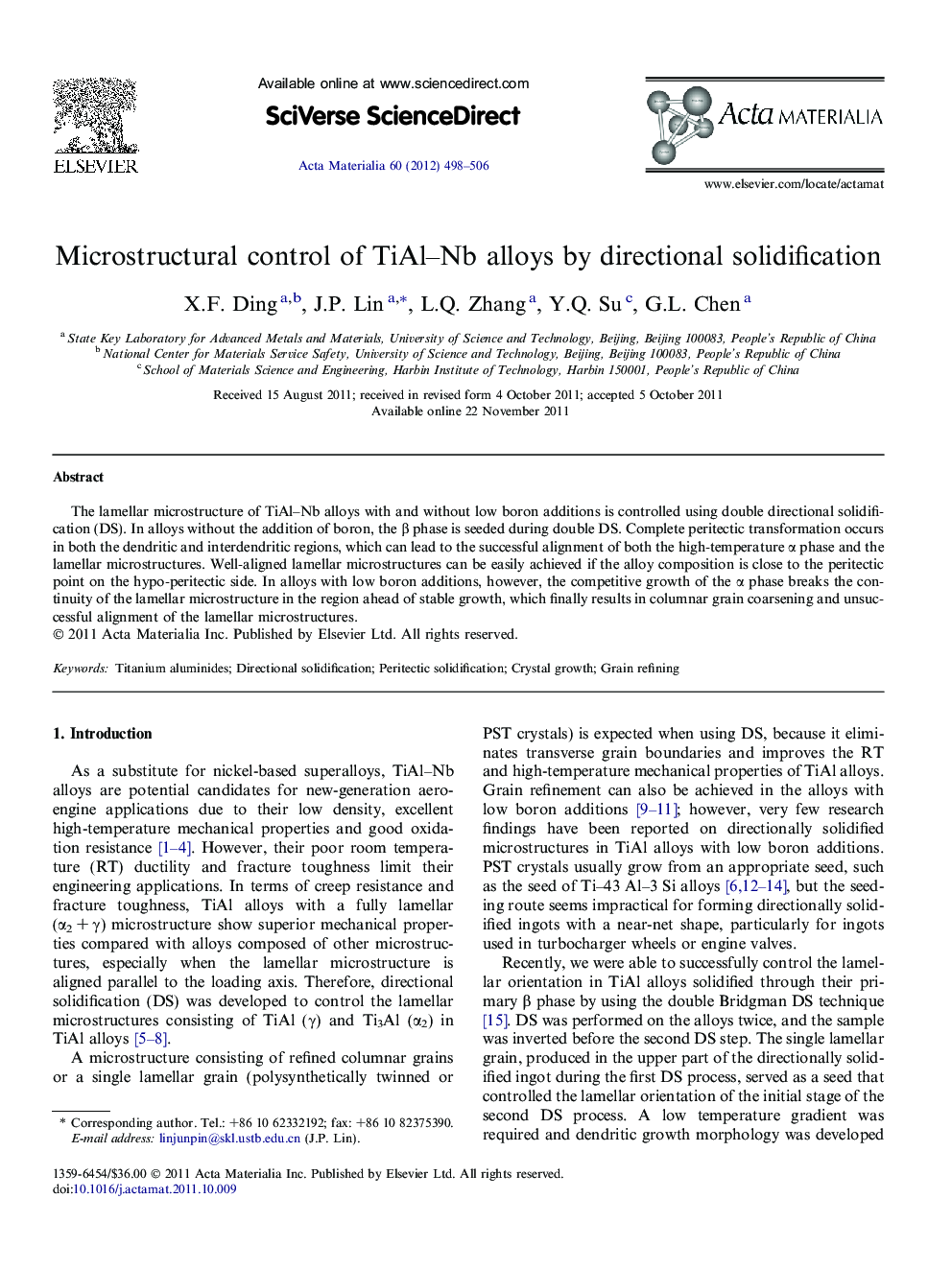 Microstructural control of TiAl–Nb alloys by directional solidification