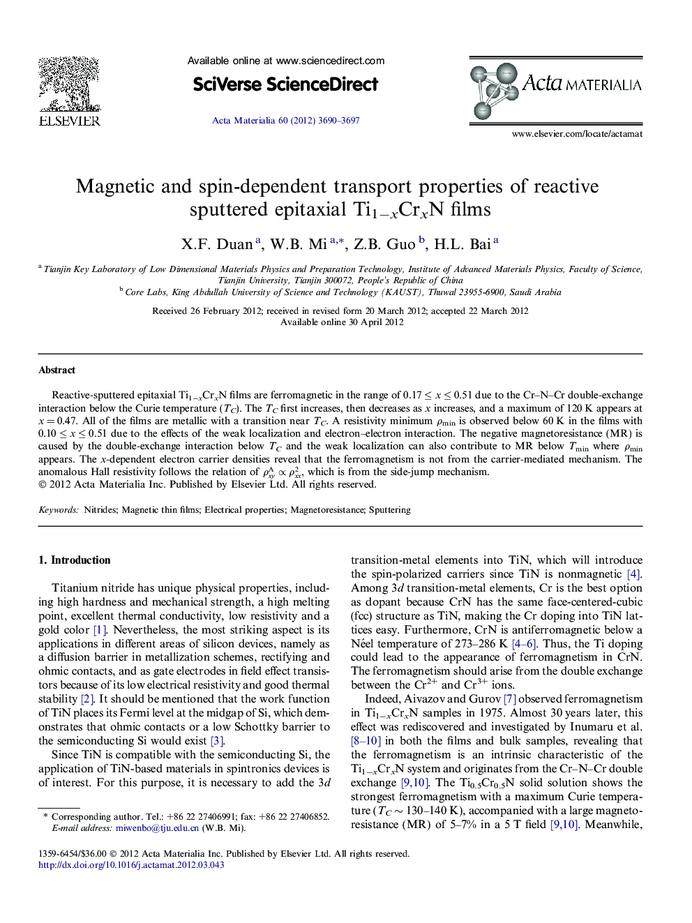 Magnetic and spin-dependent transport properties of reactive sputtered epitaxial Ti1−xCrxN films