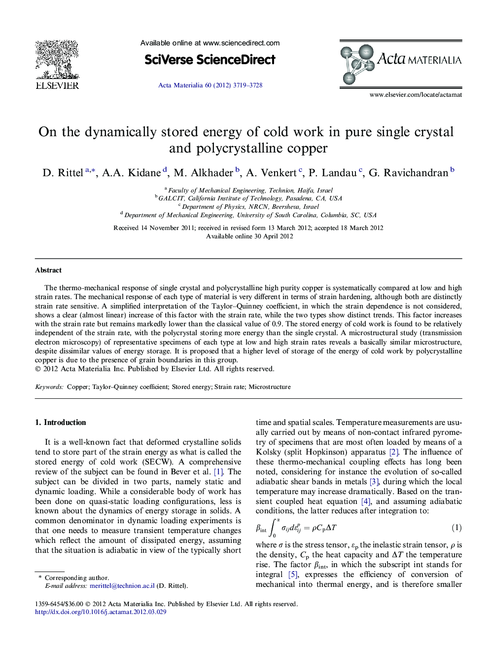 On the dynamically stored energy of cold work in pure single crystal and polycrystalline copper