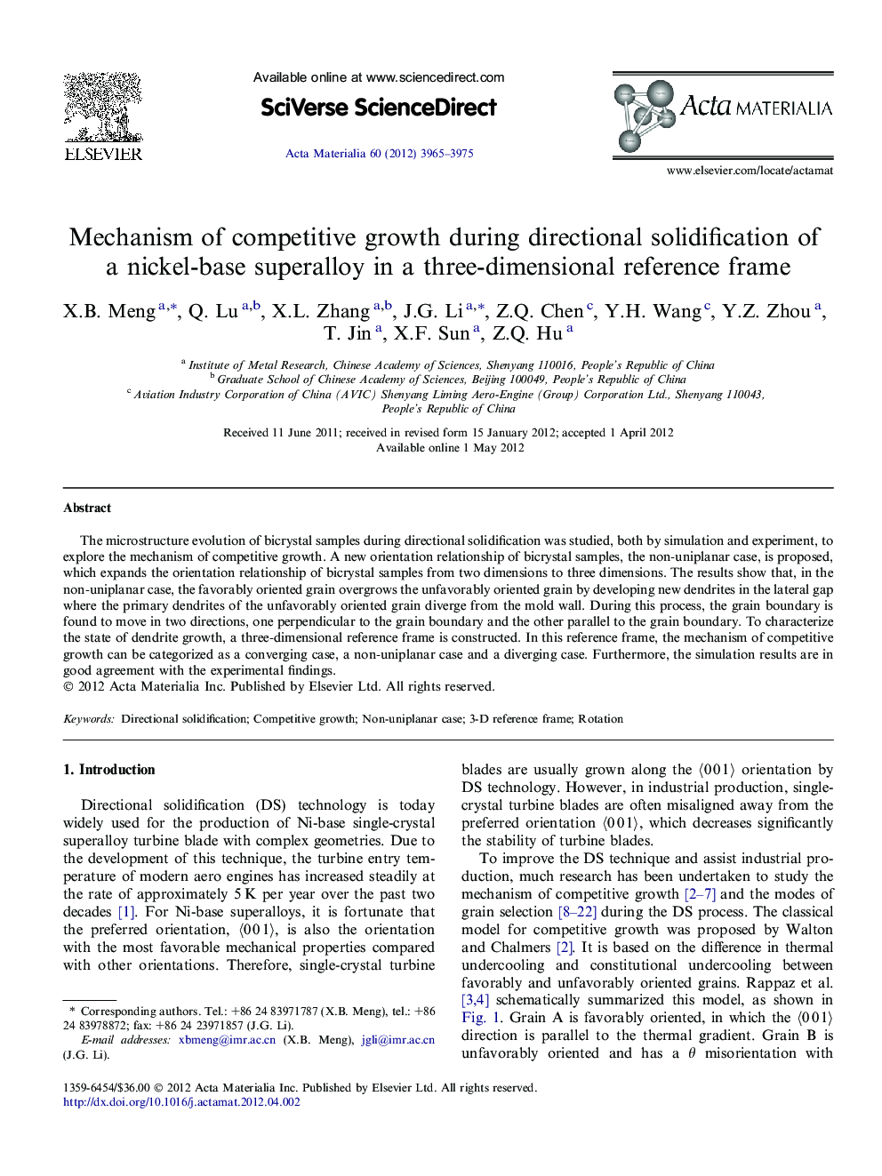 Mechanism of competitive growth during directional solidification of a nickel-base superalloy in a three-dimensional reference frame