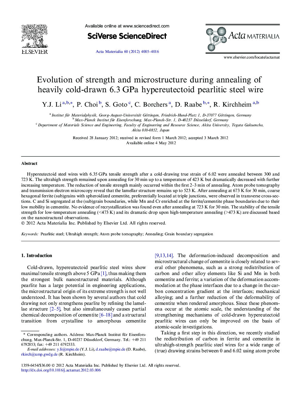 Evolution of strength and microstructure during annealing of heavily cold-drawn 6.3 GPa hypereutectoid pearlitic steel wire