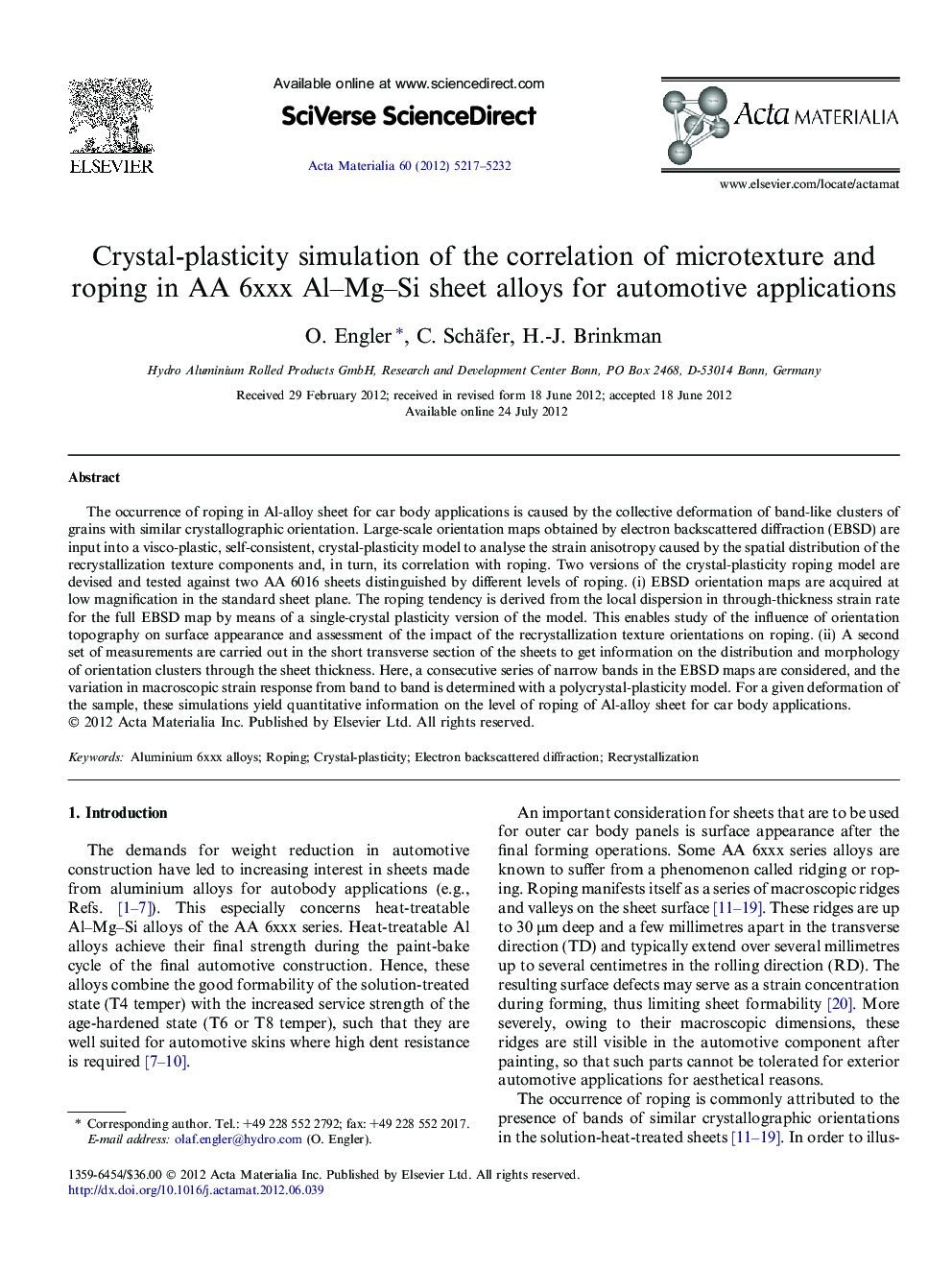 Crystal-plasticity simulation of the correlation of microtexture and roping in AA 6xxx Al–Mg–Si sheet alloys for automotive applications