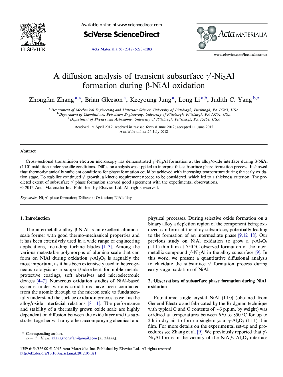 عکس صفحه اول مقاله: A diffusion analysis of transient subsurface γ′-Ni3Al formation during β-NiAl oxidation A diffusion analysis of transient subsurface γ′-Ni3Al formation during β-NiAl oxidation