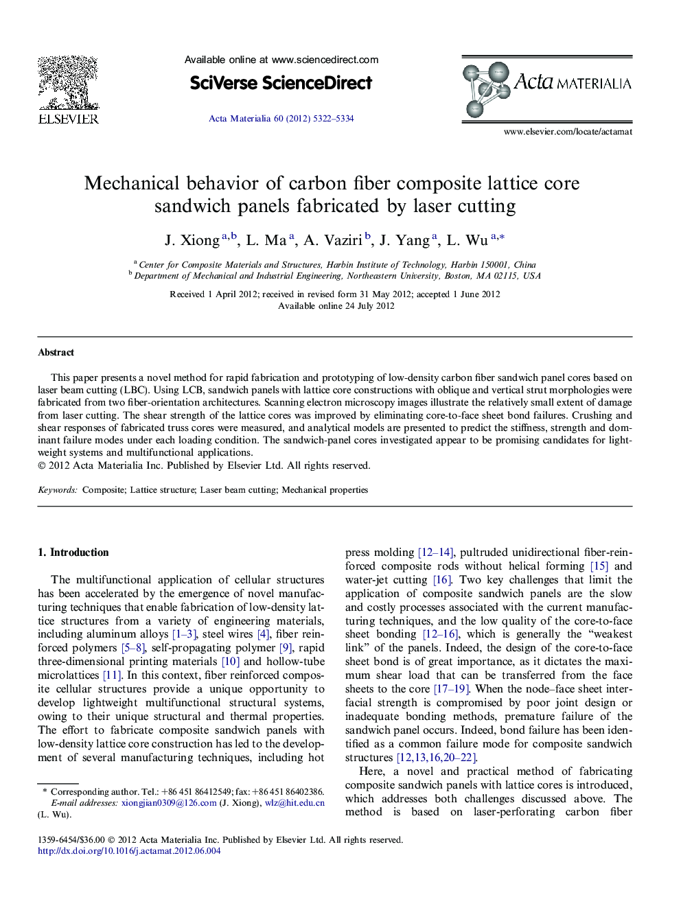 Mechanical behavior of carbon fiber composite lattice core sandwich panels fabricated by laser cutting