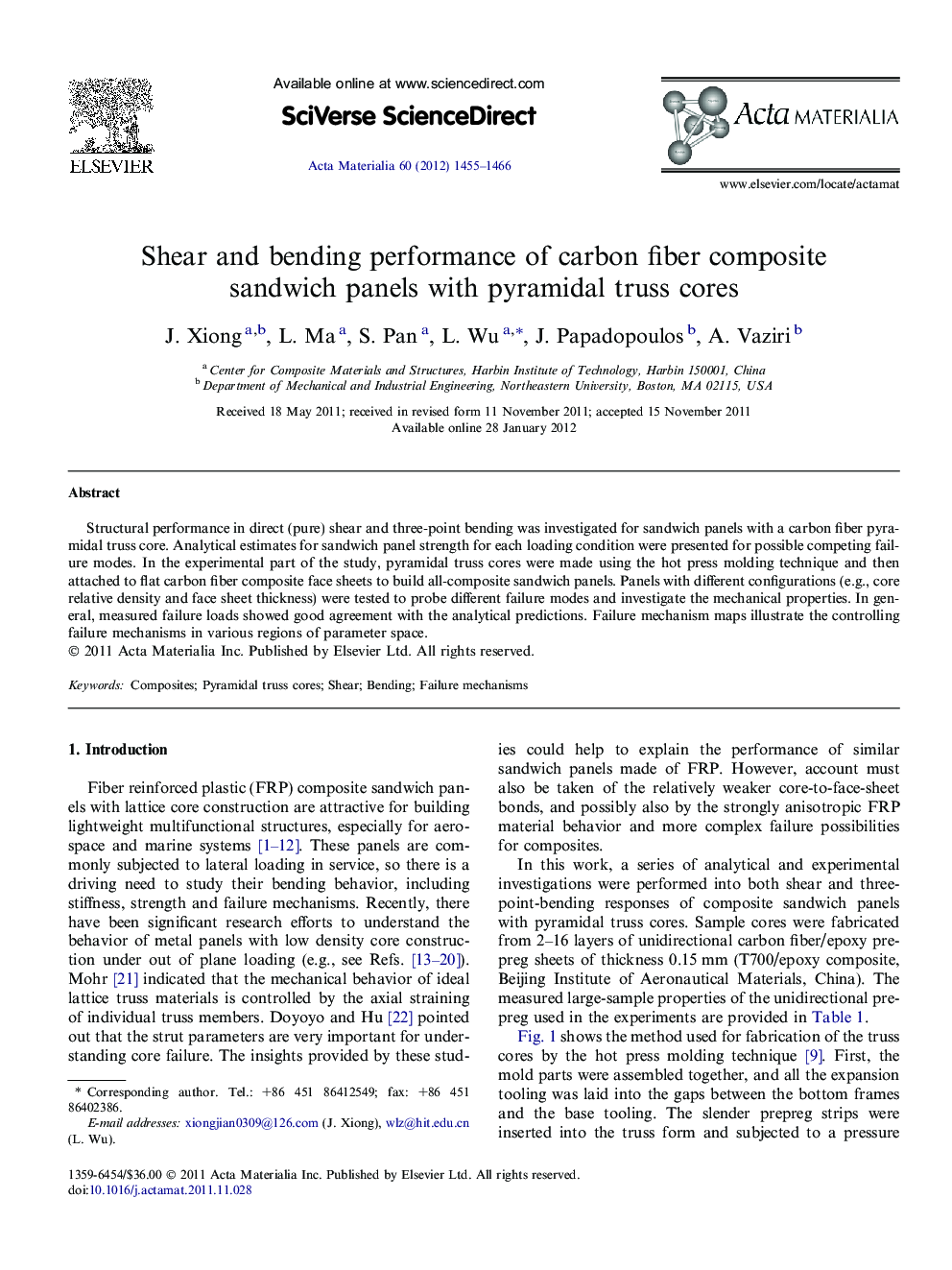 Shear and bending performance of carbon fiber composite sandwich panels with pyramidal truss cores