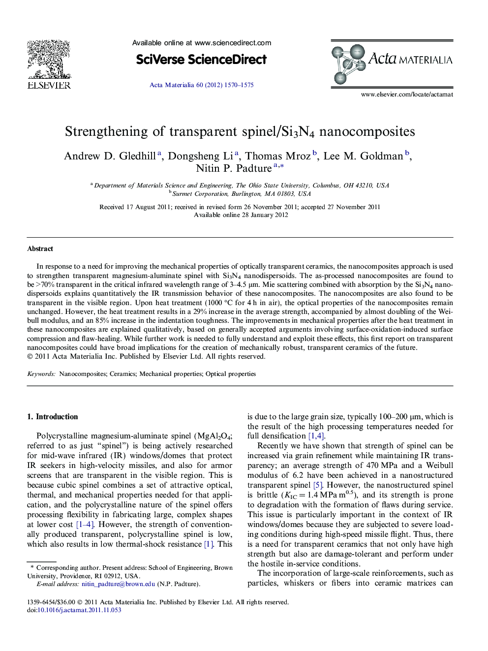 Strengthening of transparent spinel/Si3N4 nanocomposites