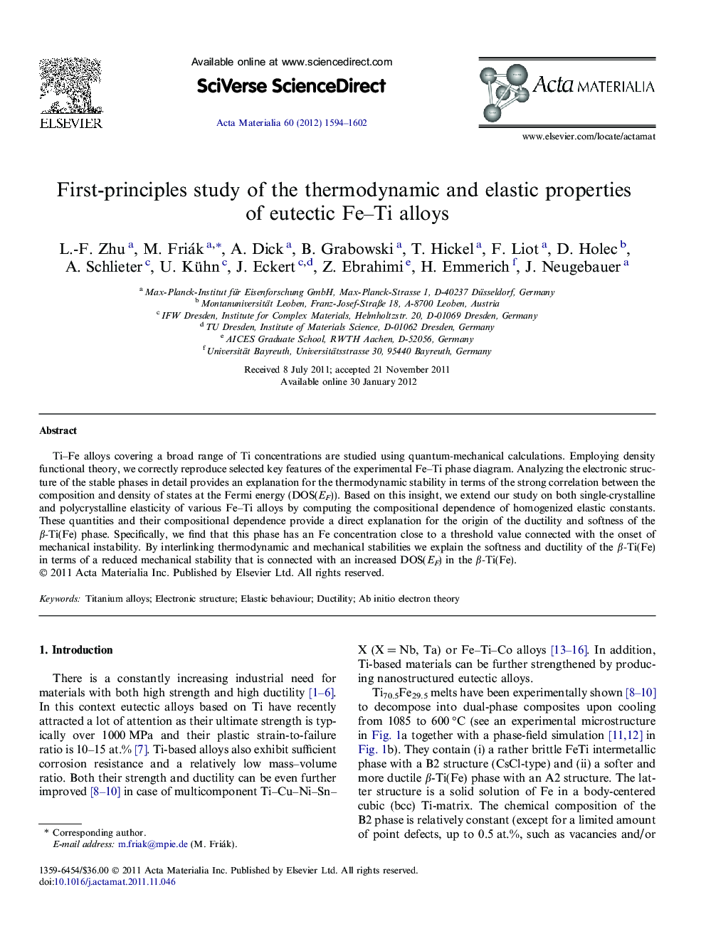 First-principles study of the thermodynamic and elastic properties of eutectic Fe–Ti alloys