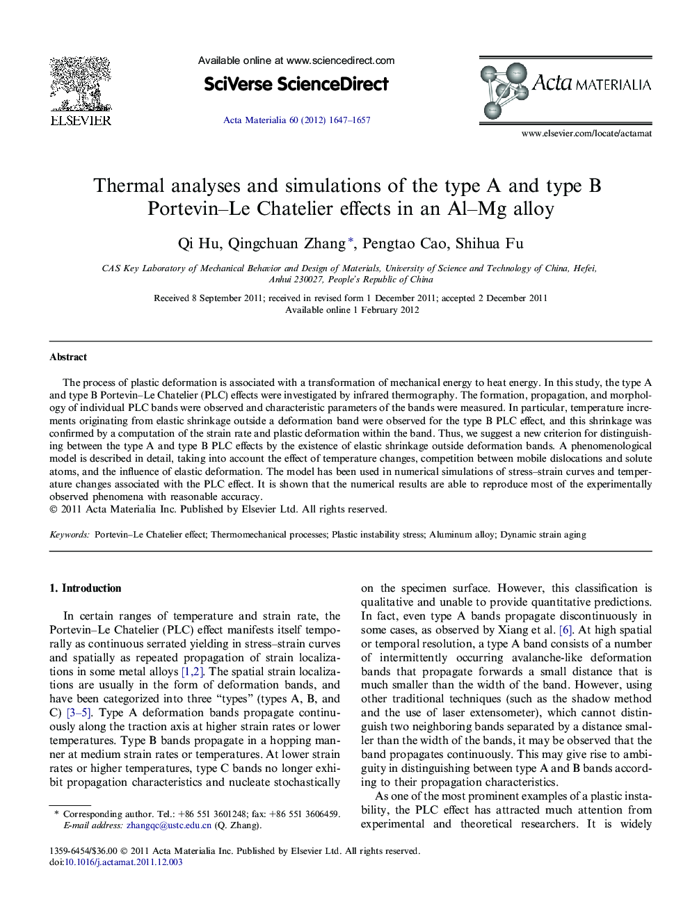 Thermal analyses and simulations of the type A and type B Portevin–Le Chatelier effects in an Al–Mg alloy