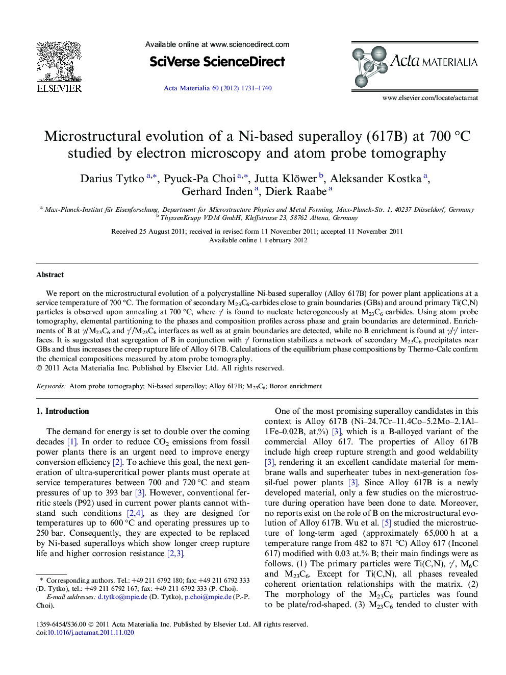 Microstructural evolution of a Ni-based superalloy (617B) at 700 °C studied by electron microscopy and atom probe tomography