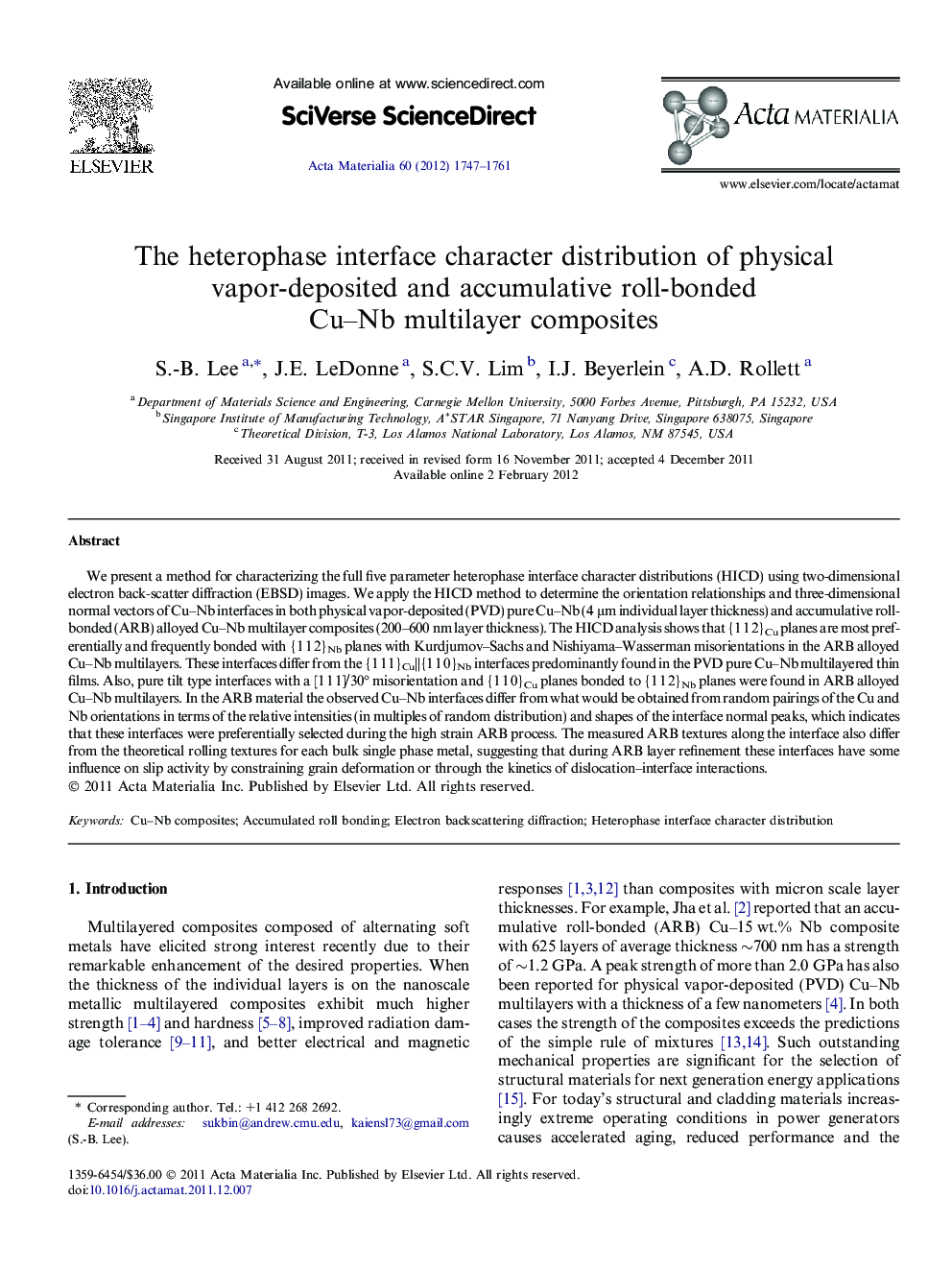 The heterophase interface character distribution of physical vapor-deposited and accumulative roll-bonded Cu–Nb multilayer composites