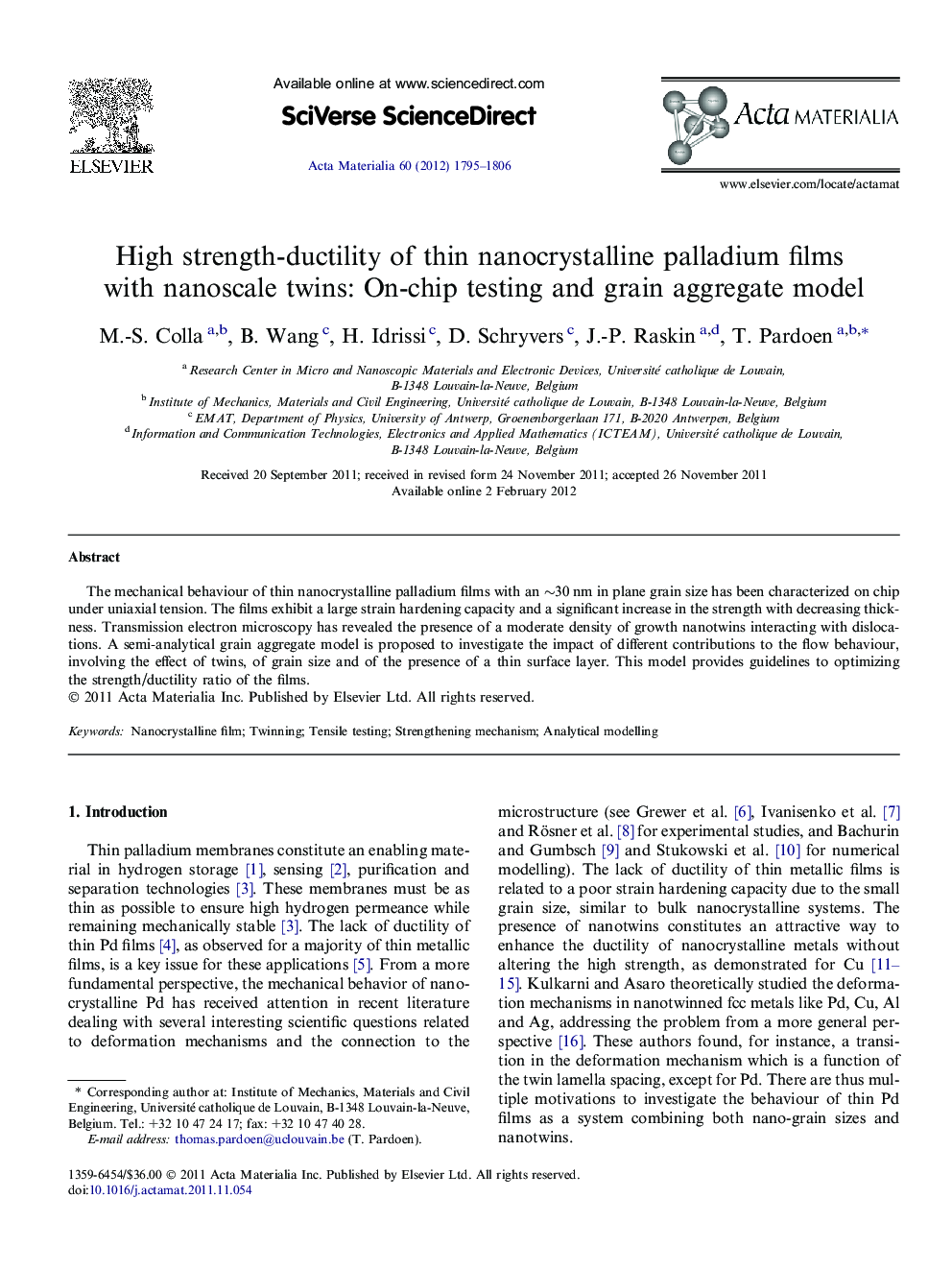 High strength-ductility of thin nanocrystalline palladium films with nanoscale twins: On-chip testing and grain aggregate model