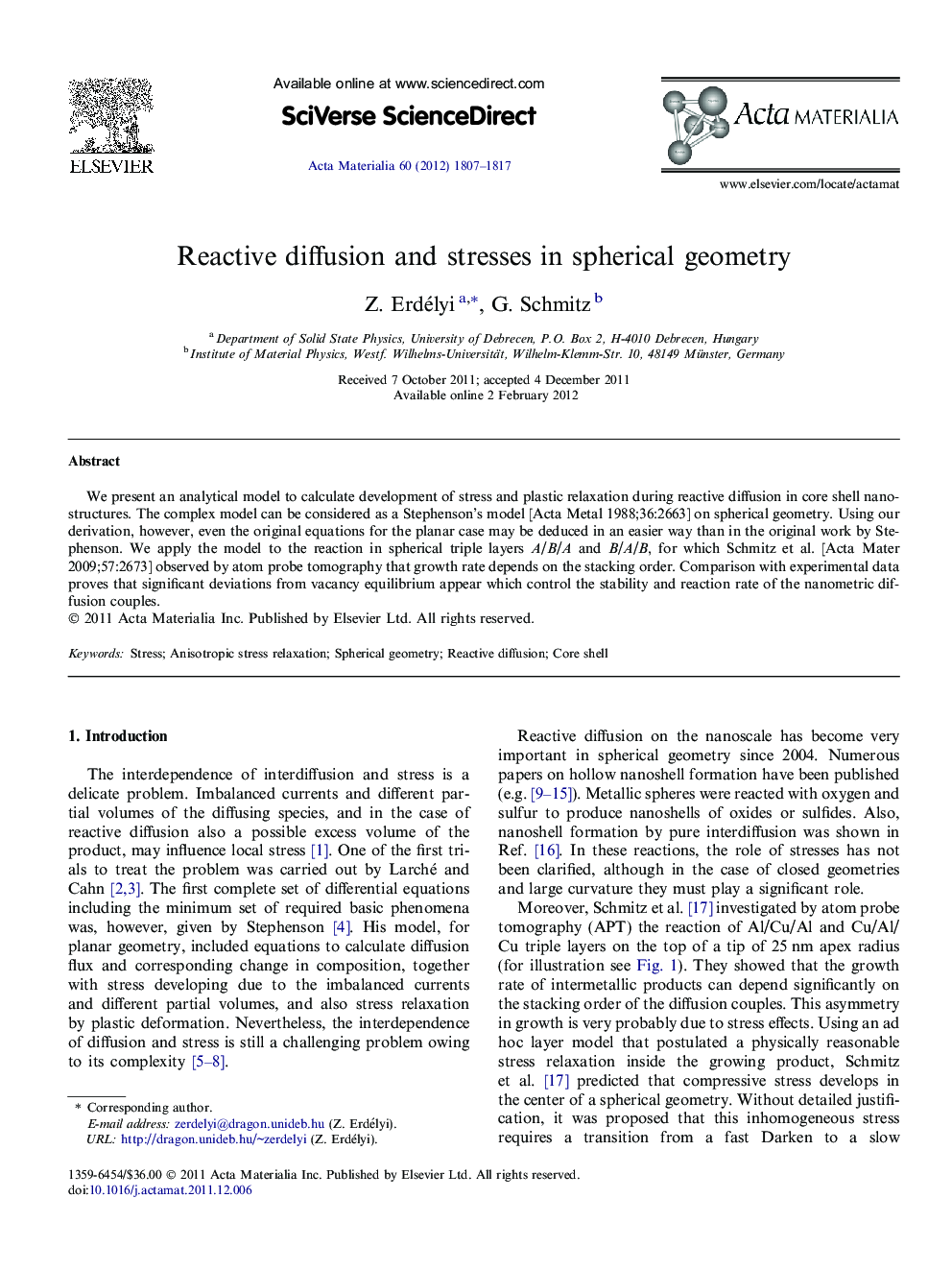 Reactive diffusion and stresses in spherical geometry
