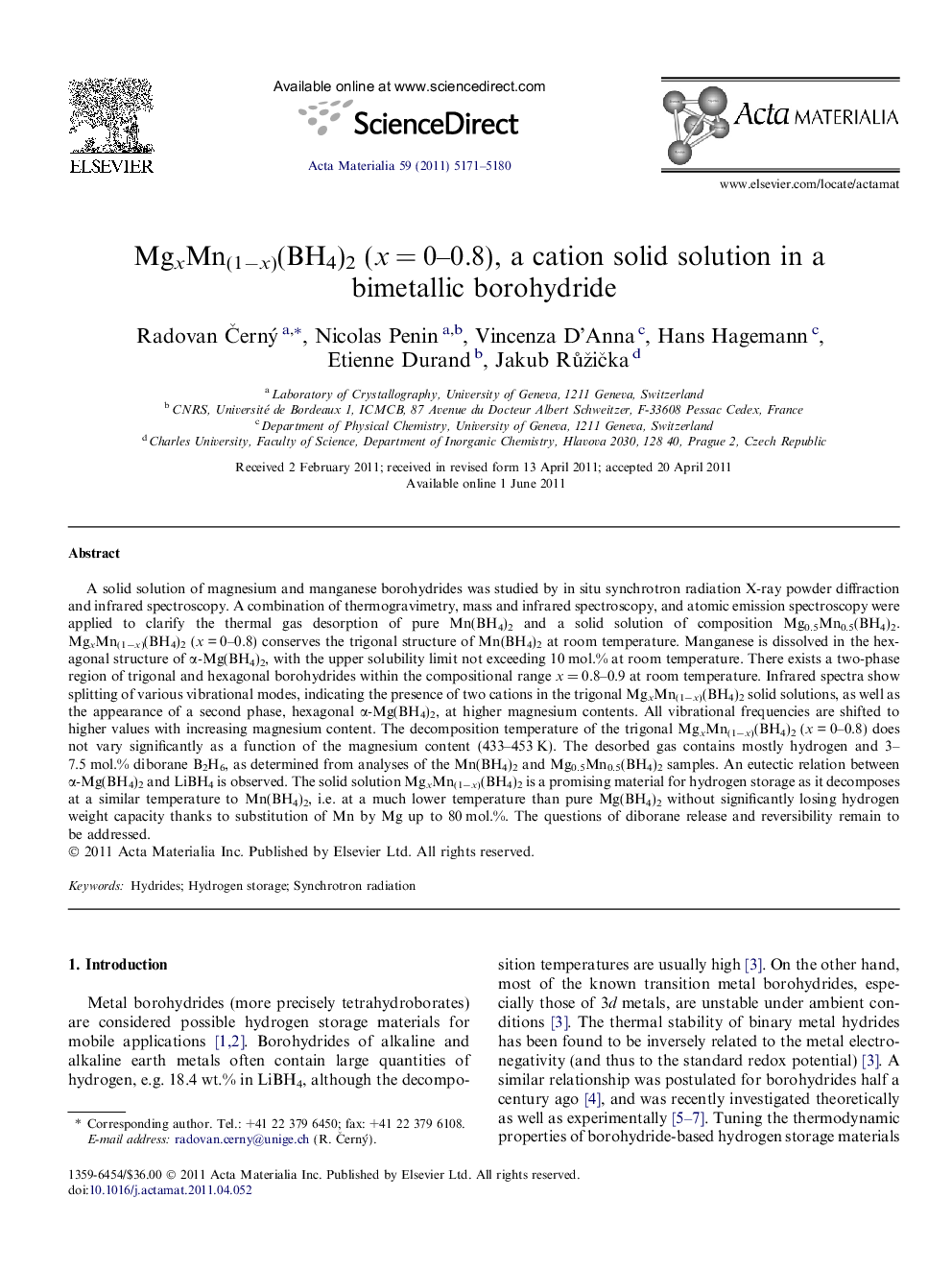 MgxMn(1−x)(BH4)2 (x = 0–0.8), a cation solid solution in a bimetallic borohydride