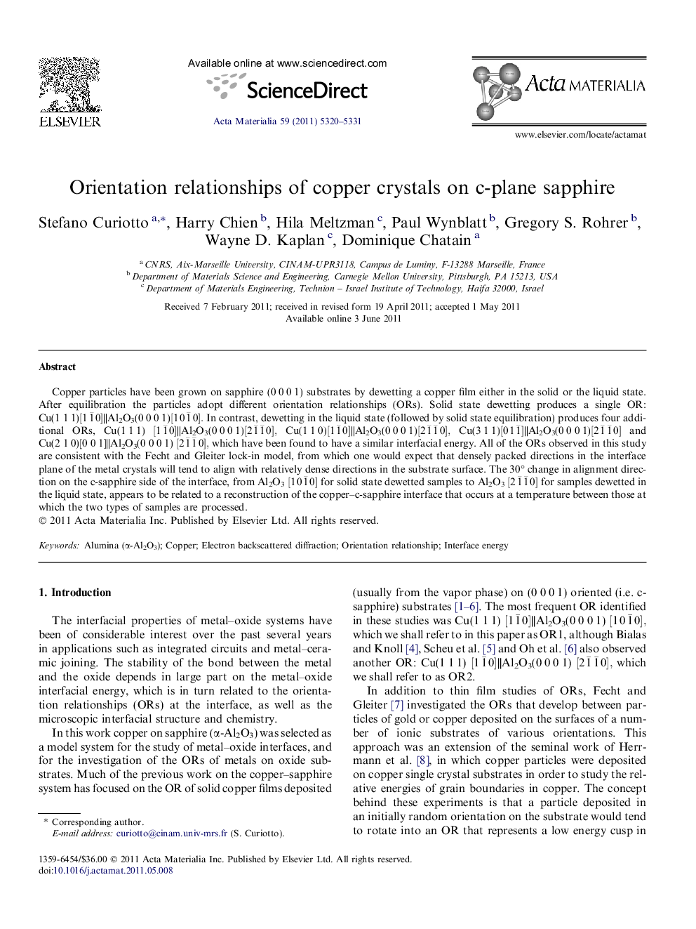 Orientation relationships of copper crystals on c-plane sapphire