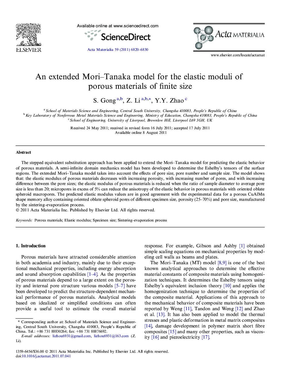 An extended Mori–Tanaka model for the elastic moduli of porous materials of finite size