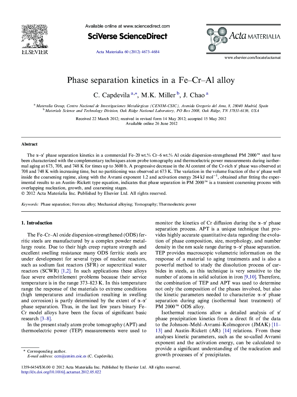 Phase separation kinetics in a Fe–Cr–Al alloy