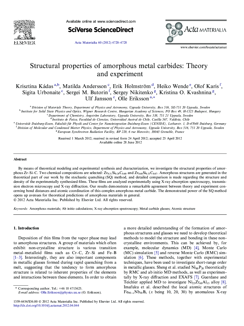 Structural properties of amorphous metal carbides: Theory and experiment