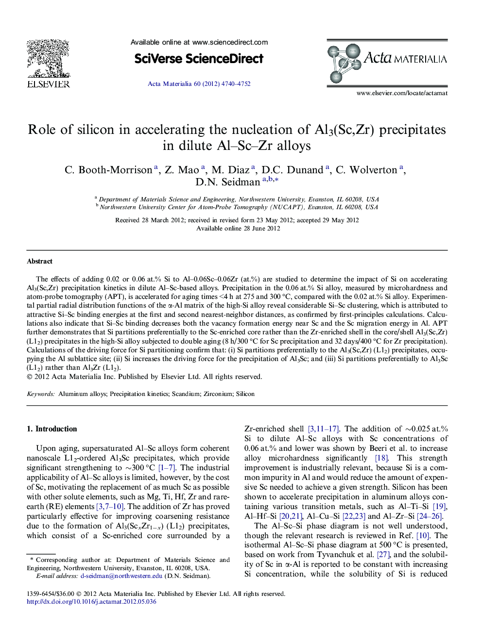 Role of silicon in accelerating the nucleation of Al3(Sc,Zr) precipitates in dilute Al–Sc–Zr alloys