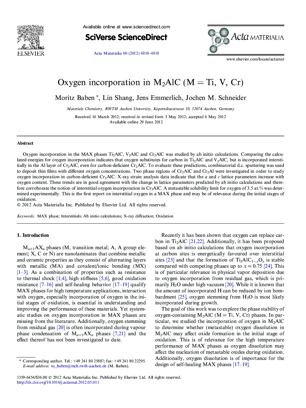 Oxygen incorporation in M2AlC (M = Ti, V, Cr)