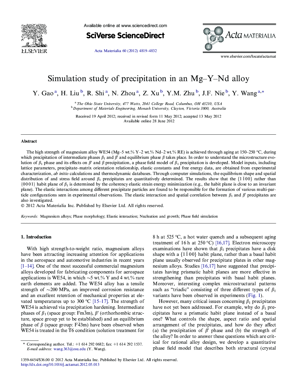 Simulation study of precipitation in an Mg–Y–Nd alloy