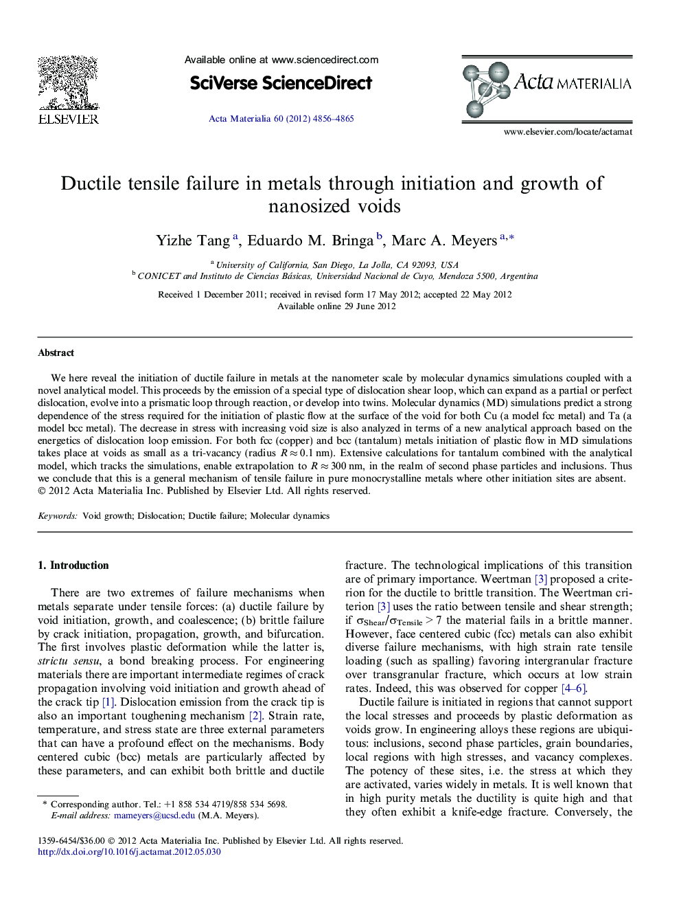 Ductile tensile failure in metals through initiation and growth of nanosized voids