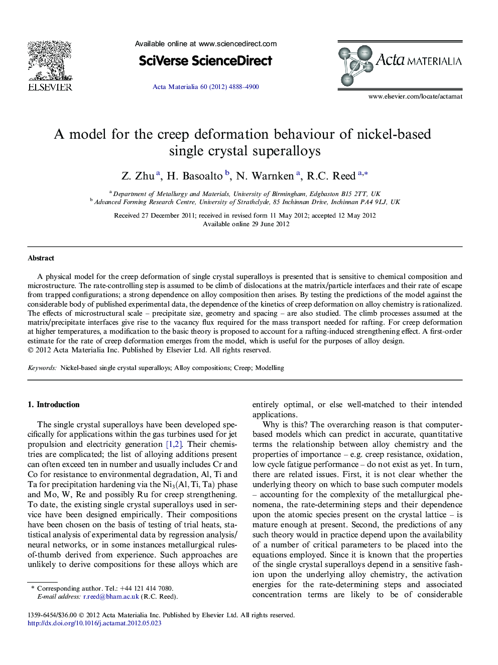 A model for the creep deformation behaviour of nickel-based single crystal superalloys