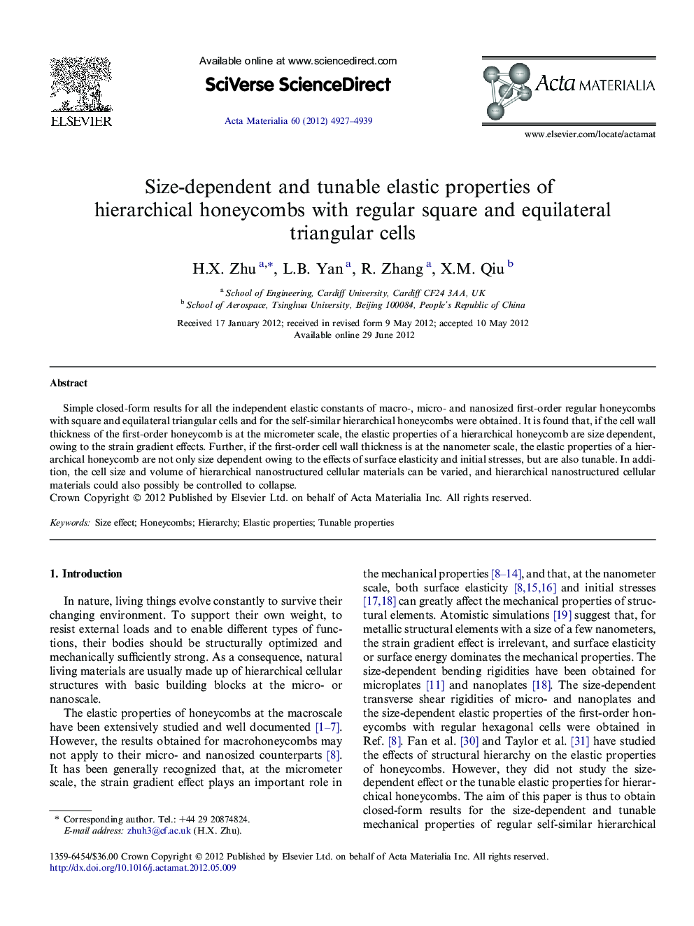 Size-dependent and tunable elastic properties of hierarchical honeycombs with regular square and equilateral triangular cells