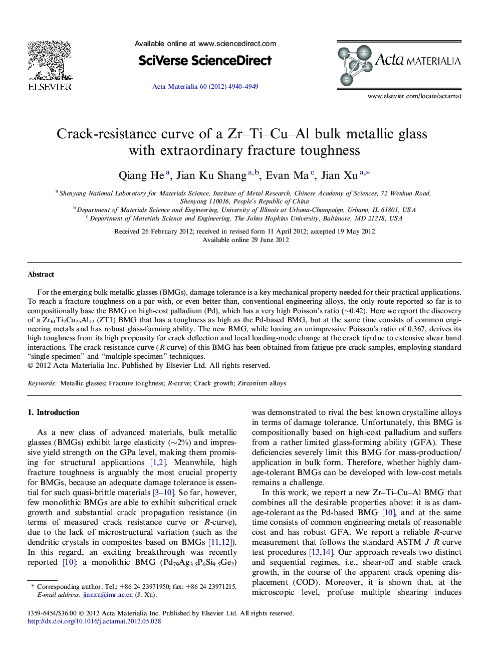 Crack-resistance curve of a Zr–Ti–Cu–Al bulk metallic glass with extraordinary fracture toughness