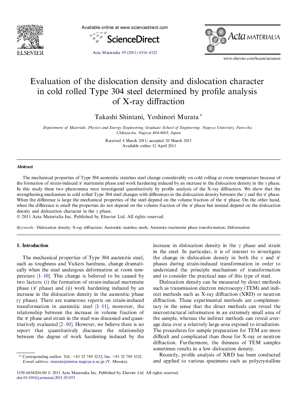 Evaluation of the dislocation density and dislocation character in cold rolled Type 304 steel determined by profile analysis of X-ray diffraction