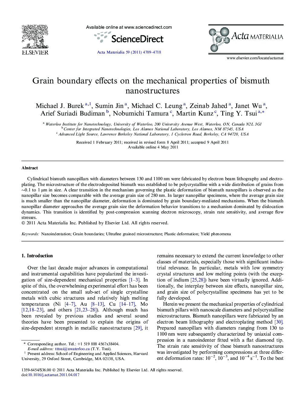 Grain boundary effects on the mechanical properties of bismuth nanostructures