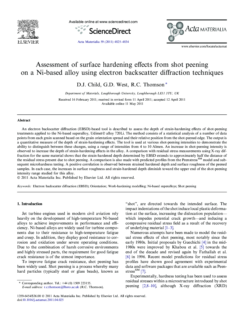 Assessment of surface hardening effects from shot peening on a Ni-based alloy using electron backscatter diffraction techniques