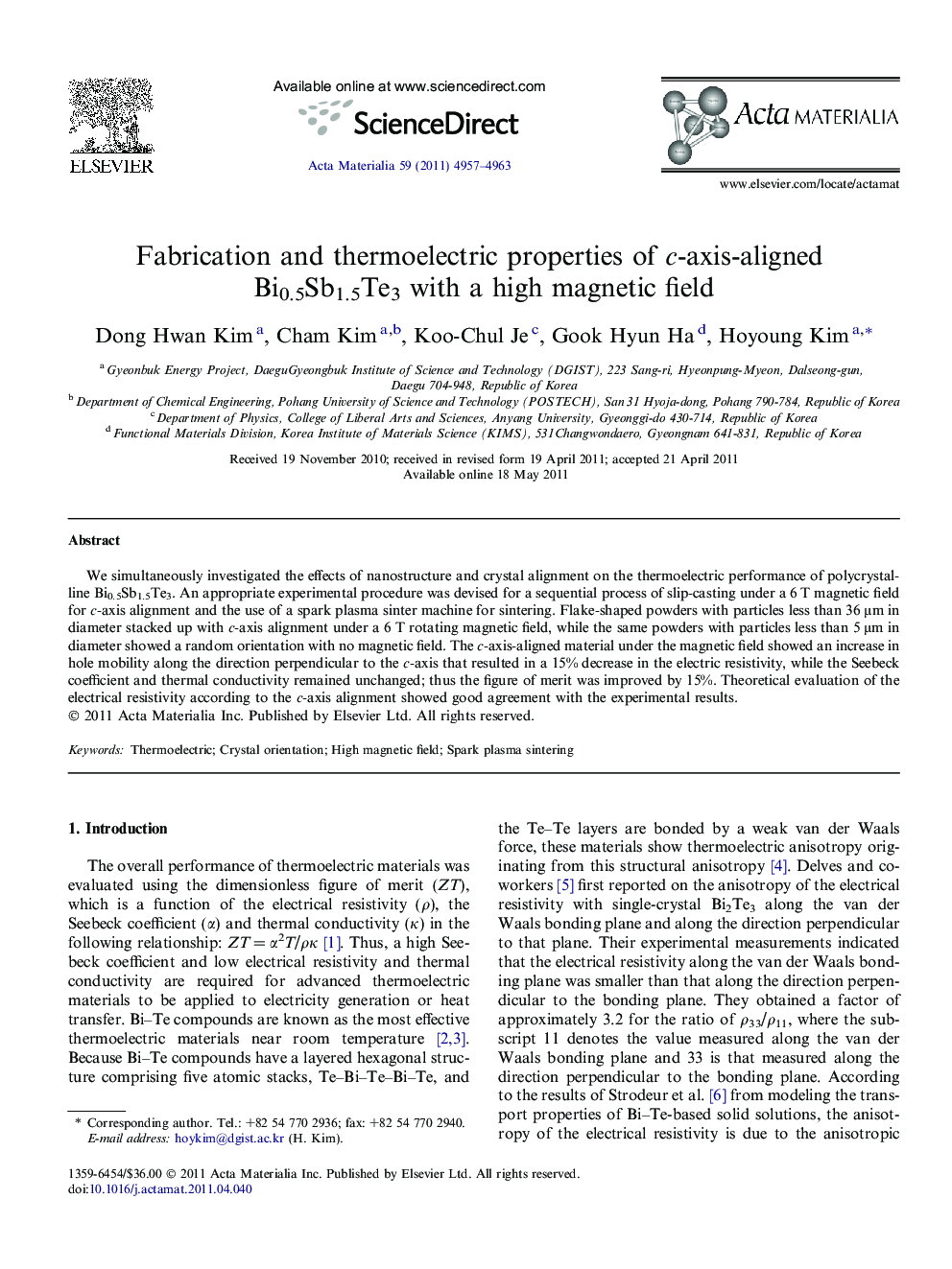 Fabrication and thermoelectric properties of c-axis-aligned Bi0.5Sb1.5Te3 with a high magnetic field