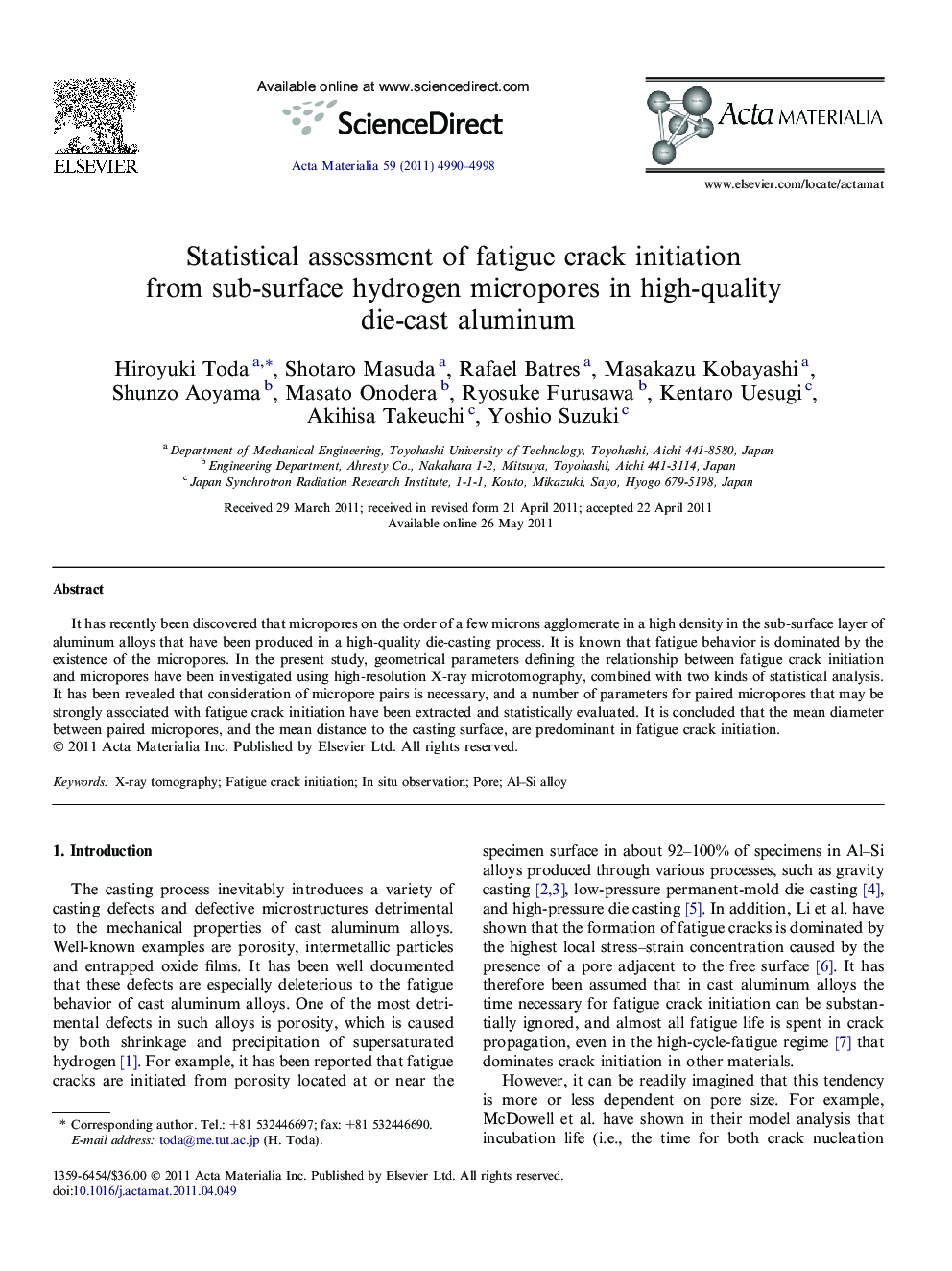 Statistical assessment of fatigue crack initiation from sub-surface hydrogen micropores in high-quality die-cast aluminum