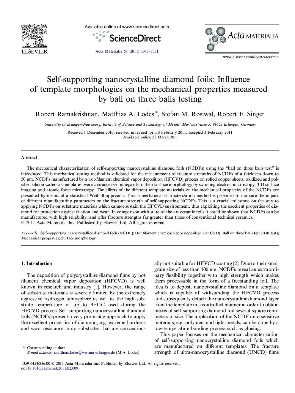 Self-supporting nanocrystalline diamond foils: Influence of template morphologies on the mechanical properties measured by ball on three balls testing